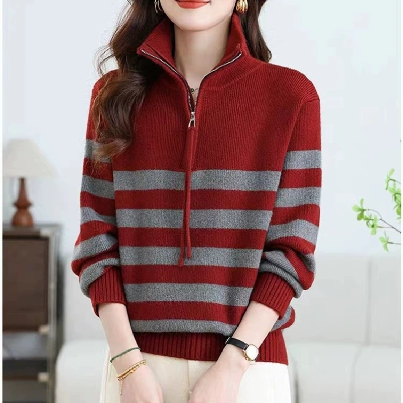 Ženski prugasti džemper od Fleece Yarn, s Turn-Down ovratnikom, smjesa Nylon/Acrylic, japansko-korejski casual stil