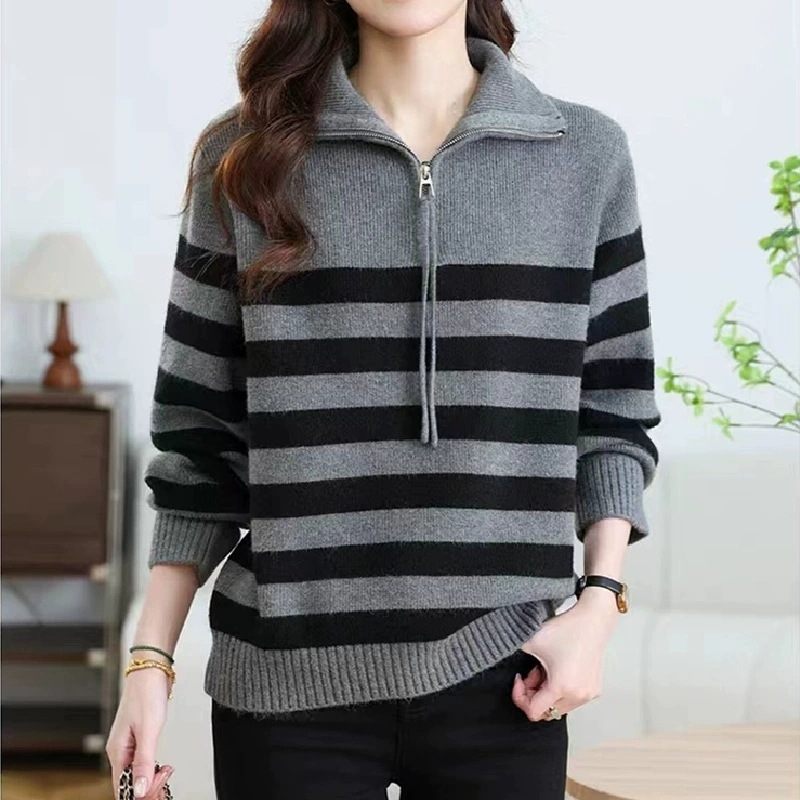 Ženski prugasti džemper od Fleece Yarn, s Turn-Down ovratnikom, smjesa Nylon/Acrylic, japansko-korejski casual stil