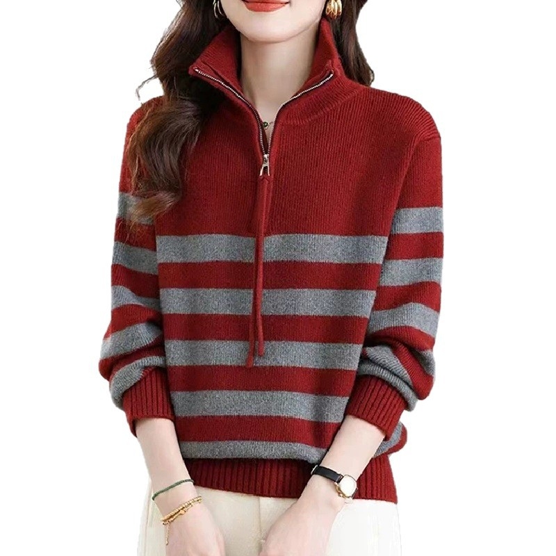 Ženski prugasti džemper od Fleece Yarn, s Turn-Down ovratnikom, smjesa Nylon/Acrylic, japansko-korejski casual stil