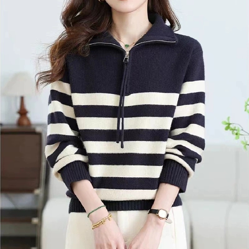 Ženski prugasti džemper od Fleece Yarn, s Turn-Down ovratnikom, smjesa Nylon/Acrylic, japansko-korejski casual stil