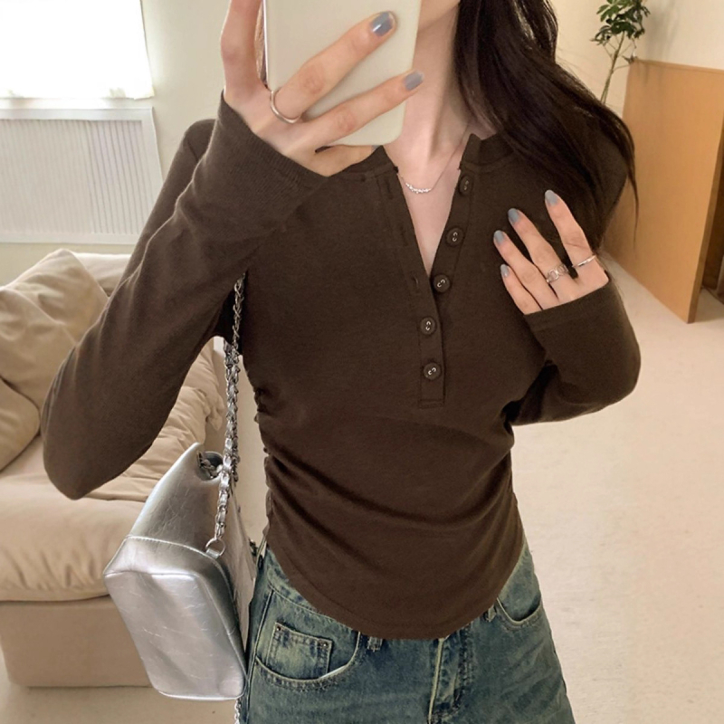 Ženski osnovni top s dugim rukavima, poliester, duboki V-izrez, slim fit