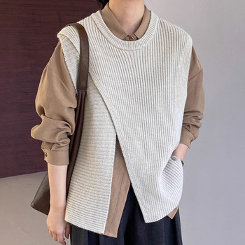 Ženska bez rukava pletena vesta s nepravilnim dizajnom i slojevitim patchworkom, okrugli izrez, akrilno-najlon smjesa, korejski casual stil