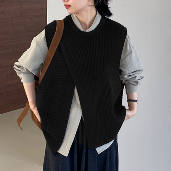 Ženska bez rukava pletena vesta s nepravilnim dizajnom i slojevitim patchworkom, okrugli izrez, akrilno-najlon smjesa, korejski casual stil