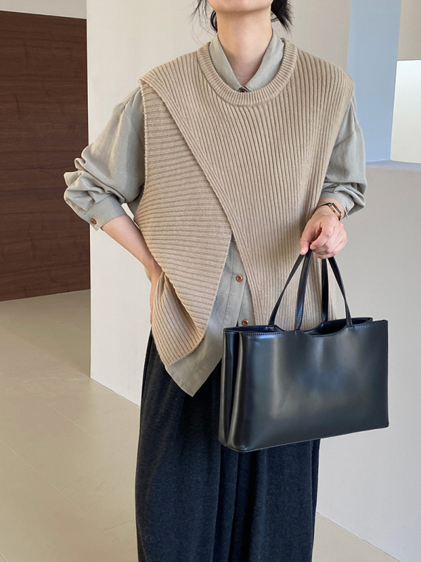 Ženska bez rukava pletena vesta s nepravilnim dizajnom i slojevitim patchworkom, okrugli izrez, akrilno-najlon smjesa, korejski casual stil