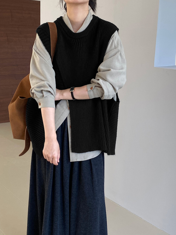 Ženska bez rukava pletena vesta s nepravilnim dizajnom i slojevitim patchworkom, okrugli izrez, akrilno-najlon smjesa, korejski casual stil