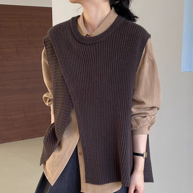 Ženska bez rukava pletena vesta s nepravilnim dizajnom i slojevitim patchworkom, okrugli izrez, akrilno-najlon smjesa, korejski casual stil