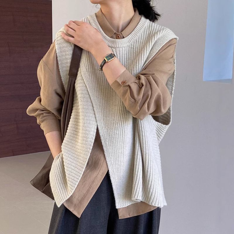 Ženska bez rukava pletena vesta s nepravilnim dizajnom i slojevitim patchworkom, okrugli izrez, akrilno-najlon smjesa, korejski casual stil
