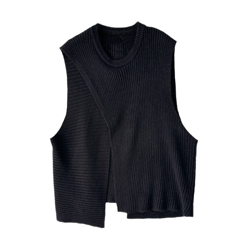 Ženska bez rukava pletena vesta s nepravilnim dizajnom i slojevitim patchworkom, okrugli izrez, akrilno-najlon smjesa, korejski casual stil