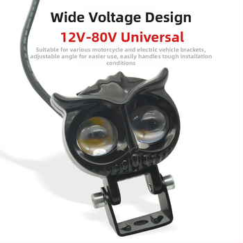 LED reflektor na motocykl v tvare sovy s dvojfarebným objektívom, 18W, 12–85V, hliníkové puzdro, dosah 100m, životnosť 5000h