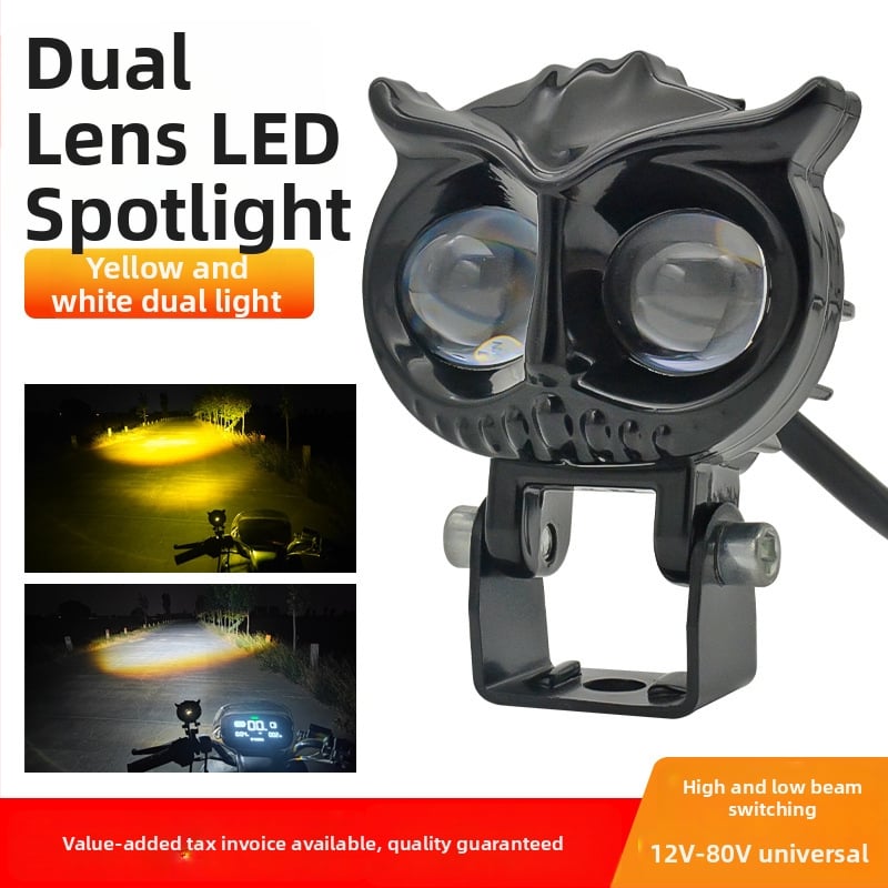 LED reflektor na motocykl v tvare sovy s dvojfarebným objektívom, 18W, 12–85V, hliníkové puzdro, dosah 100m, životnosť 5000h