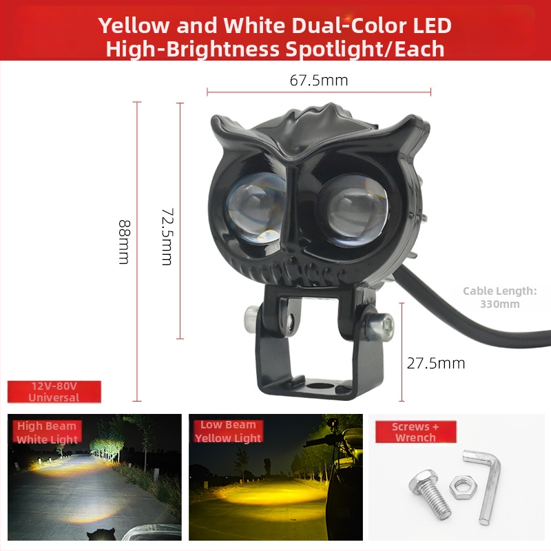 LED reflektor na motocykl v tvare sovy s dvojfarebným objektívom, 18W, 12–85V, hliníkové puzdro, dosah 100m, životnosť 5000h