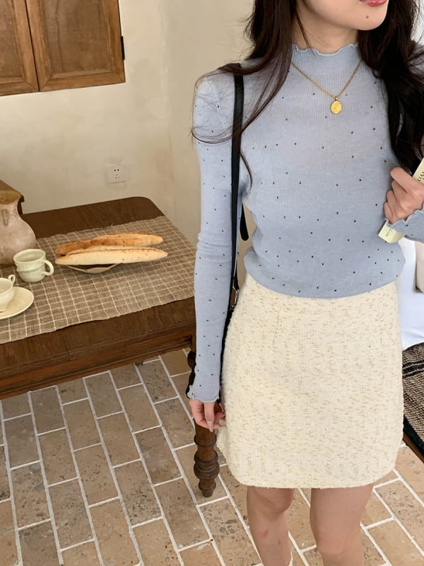 Pulover tricotat cu model polka dot, guler înalt, mâneci lungi, croială Slim, amestec poliester-acril (<30% acril), 50–70% poliester