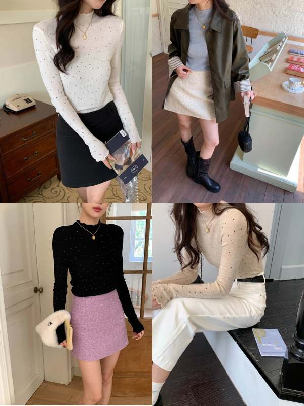 Pulover tricotat cu model polka dot, guler înalt, mâneci lungi, croială Slim, amestec poliester-acril (<30% acril), 50–70% poliester