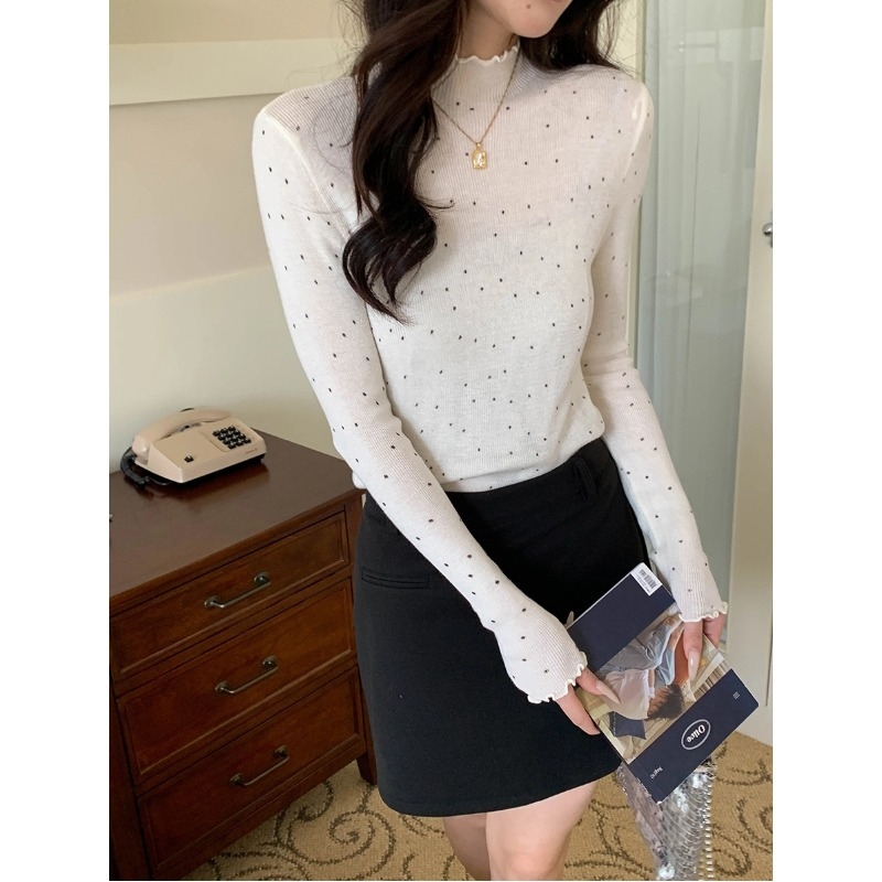 Pulover tricotat cu model polka dot, guler înalt, mâneci lungi, croială Slim, amestec poliester-acril (<30% acril), 50–70% poliester