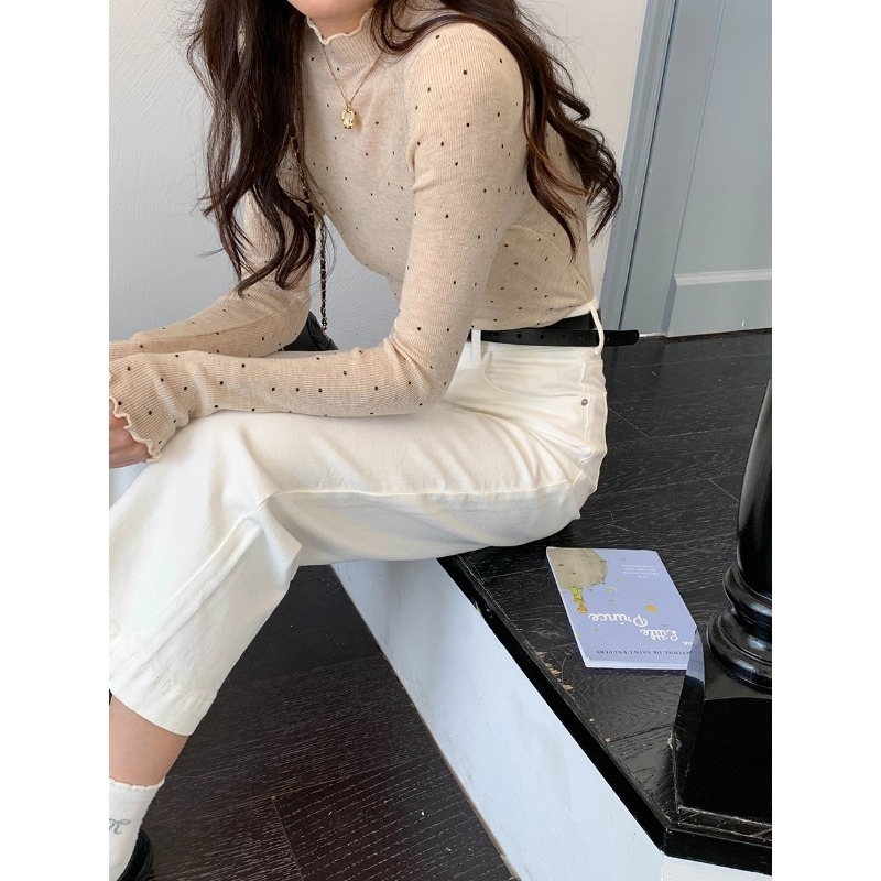 Pulover tricotat cu model polka dot, guler înalt, mâneci lungi, croială Slim, amestec poliester-acril (<30% acril), 50–70% poliester