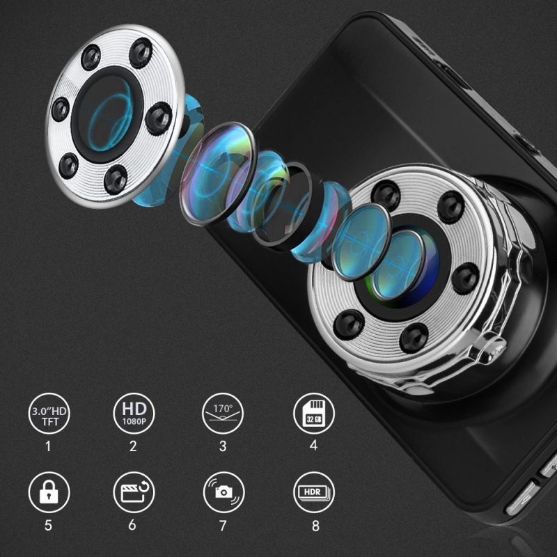 Dash cam cu obiectiv dublu, model T638+, unghi vizualizare 170°, stocare TF, interfețe USB/HDMI/AV, 30FPS