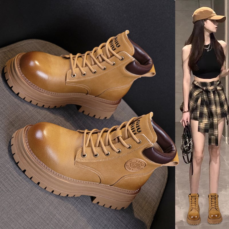 Botine Martin din piele naturală pentru femei, închidere cu șiret în față, toc mediu, vârf rotund, talpă groasă