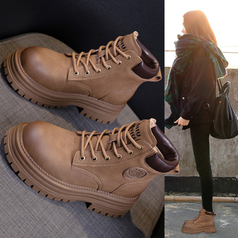 Botine Martin din piele naturală pentru femei, închidere cu șiret în față, toc mediu, vârf rotund, talpă groasă