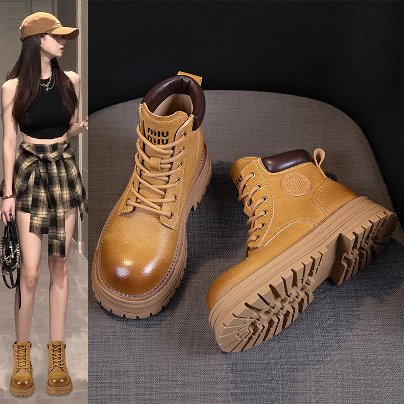 Botine Martin din piele naturală pentru femei, închidere cu șiret în față, toc mediu, vârf rotund, talpă groasă