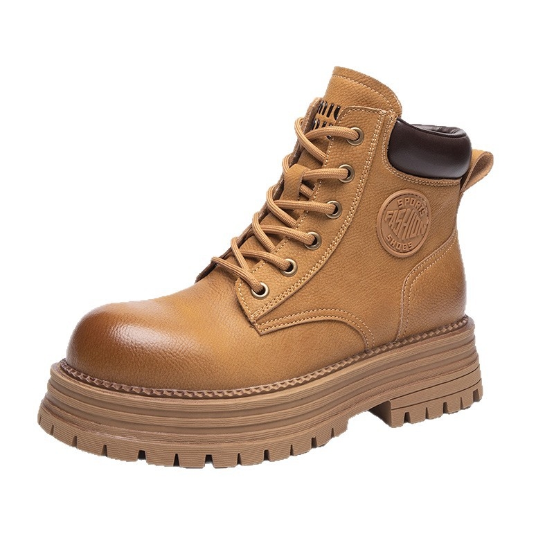 Botine Martin din piele naturală pentru femei, închidere cu șiret în față, toc mediu, vârf rotund, talpă groasă