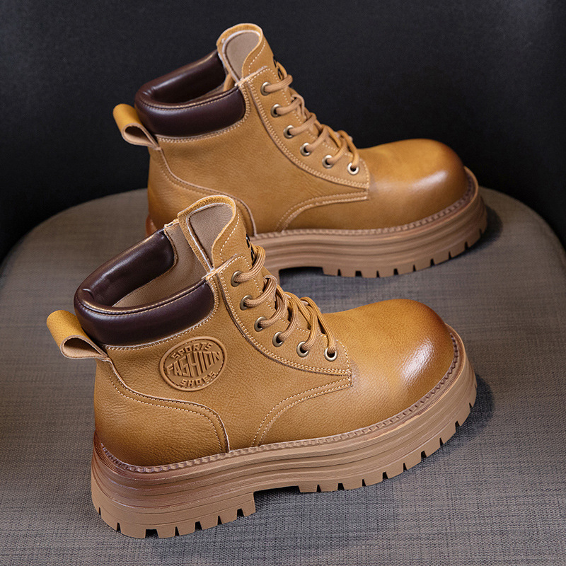 Botine Martin din piele naturală pentru femei, închidere cu șiret în față, toc mediu, vârf rotund, talpă groasă