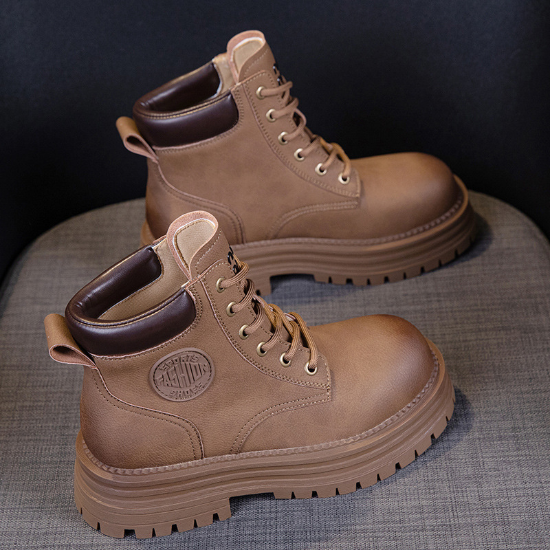 Botine Martin din piele naturală pentru femei, închidere cu șiret în față, toc mediu, vârf rotund, talpă groasă