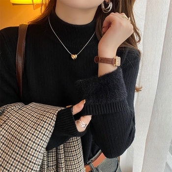 Pulover damă cu guler semiînalt, croială Slim, stil japonez-coreean, mâneci lungi