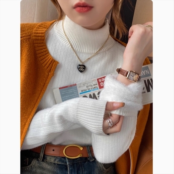 Pulover damă cu guler semiînalt, croială Slim, stil japonez-coreean, mâneci lungi