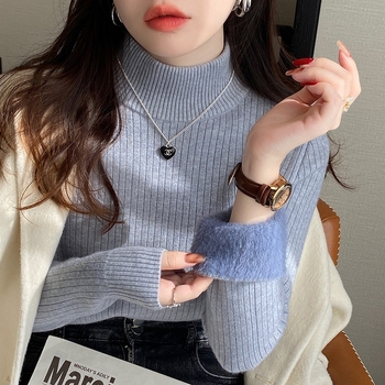 Pulover damă cu guler semiînalt, croială Slim, stil japonez-coreean, mâneci lungi