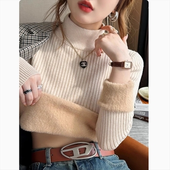 Pulover damă cu guler semiînalt, croială Slim, stil japonez-coreean, mâneci lungi