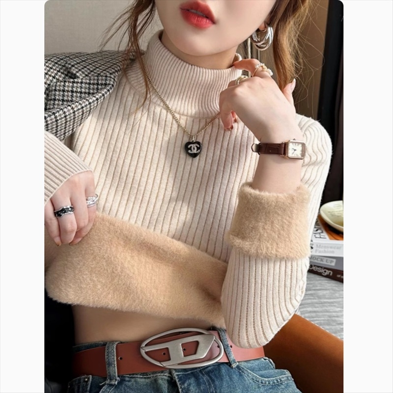 Pulover damă cu guler semiînalt, croială Slim, stil japonez-coreean, mâneci lungi