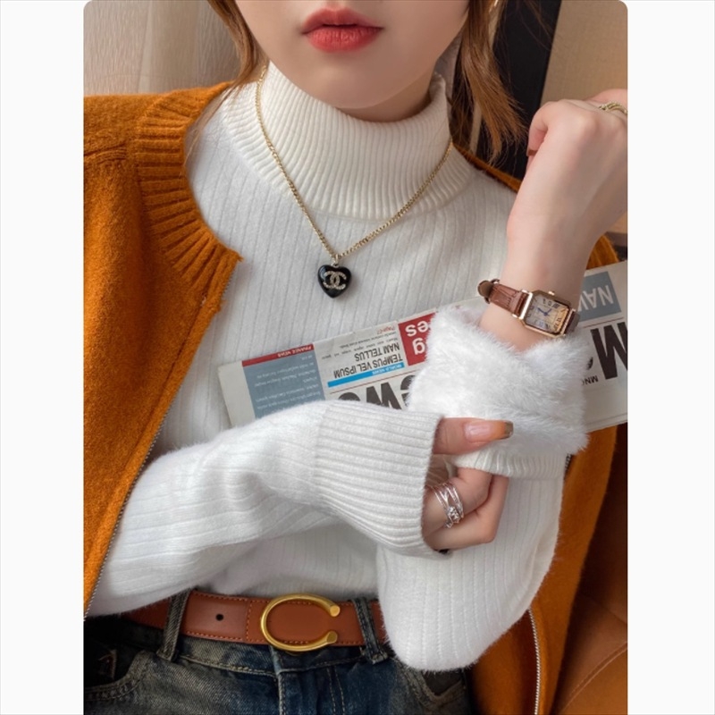 Pulover damă cu guler semiînalt, croială Slim, stil japonez-coreean, mâneci lungi