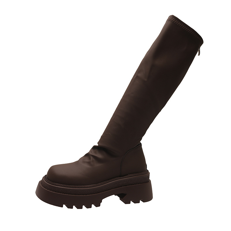 Cizme pentru femei până la gambe, stil vintage, toc gros 3–5 cm, partea superioară din super fiber, talpă din cauciuc, vârf rotund, fermoar
