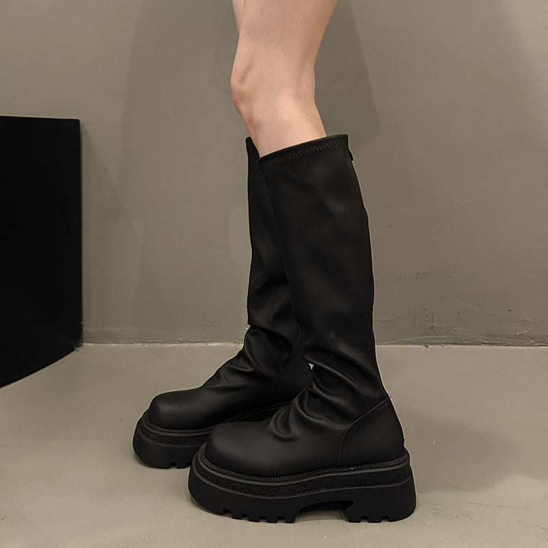 Cizme pentru femei până la gambe, stil vintage, toc gros 3–5 cm, partea superioară din super fiber, talpă din cauciuc, vârf rotund, fermoar