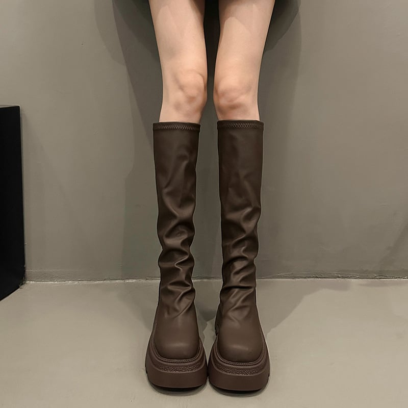 Cizme pentru femei până la gambe, stil vintage, toc gros 3–5 cm, partea superioară din super fiber, talpă din cauciuc, vârf rotund, fermoar