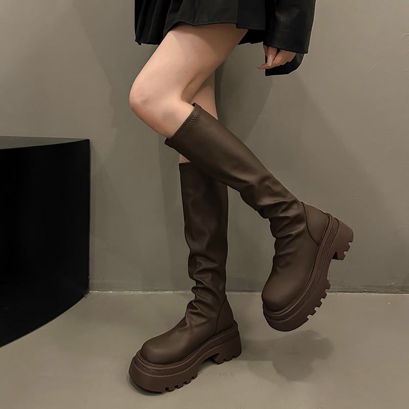 Cizme pentru femei până la gambe, stil vintage, toc gros 3–5 cm, partea superioară din super fiber, talpă din cauciuc, vârf rotund, fermoar