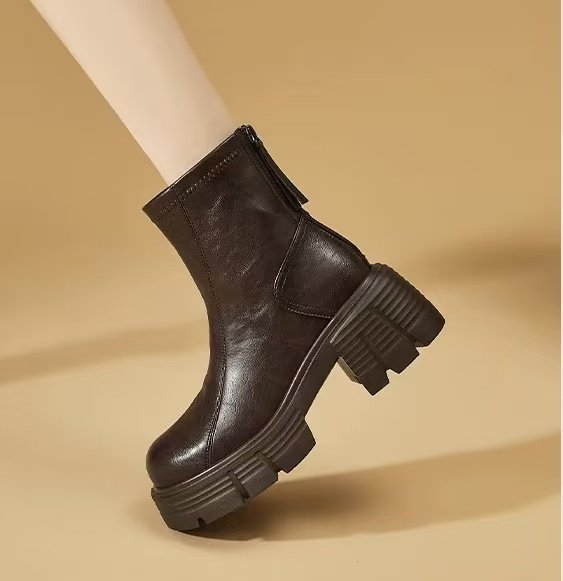 Ghete Chelsea pentru femei, talpă groasă, creștere în înălțime, toc gros, fermoar, guler scurt — partea superioară PU, talpă din cauciuc, căptușeală din pluș sintetic