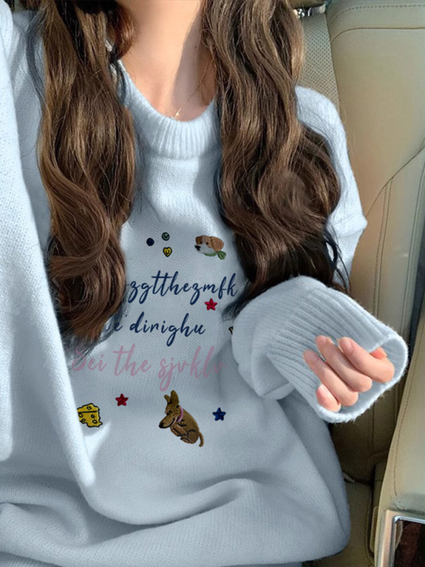 Pulover damă cu căptușeală fleece, croială lejeră, guler rotund, mâneci lungi, imprimeu desen animat