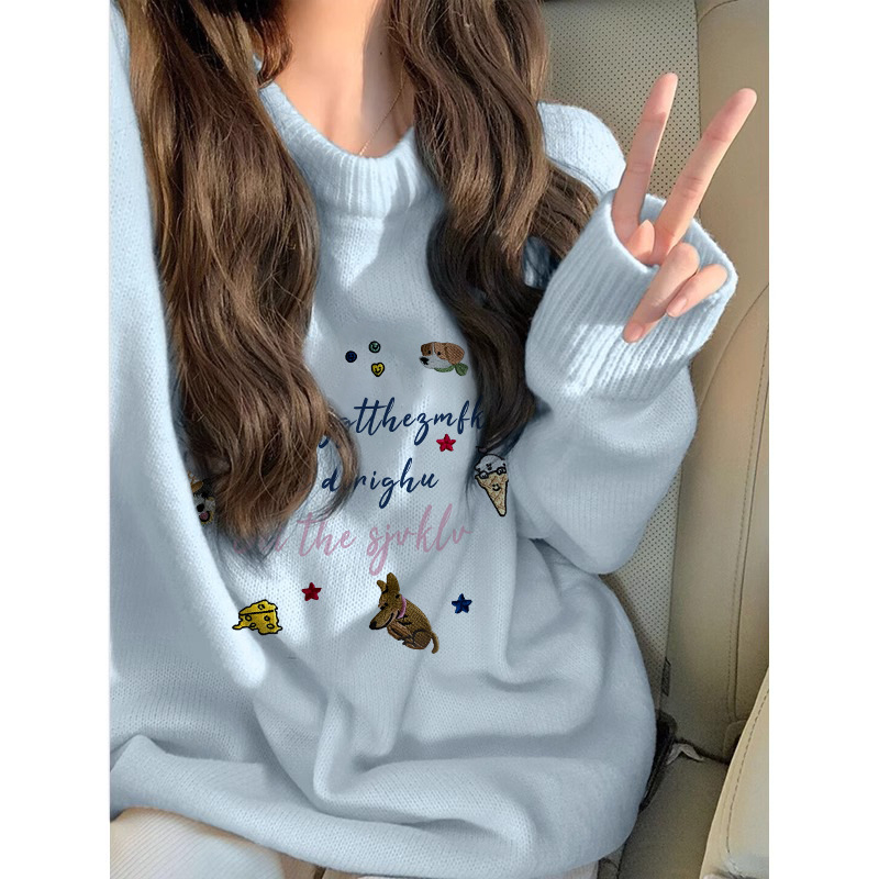 Pulover damă cu căptușeală fleece, croială lejeră, guler rotund, mâneci lungi, imprimeu desen animat