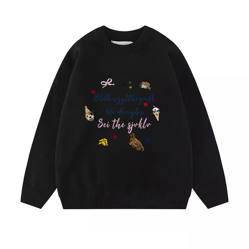 Pulover damă cu căptușeală fleece, croială lejeră, guler rotund, mâneci lungi, imprimeu desen animat