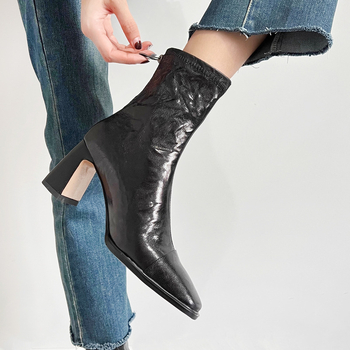 Botine pentru femei din piele naturală, vârf pătrat, toc gros 6–8 cm, fermoar pe spate