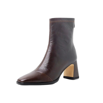 Botine pentru femei din piele naturală, vârf pătrat, toc gros 6–8 cm, fermoar pe spate