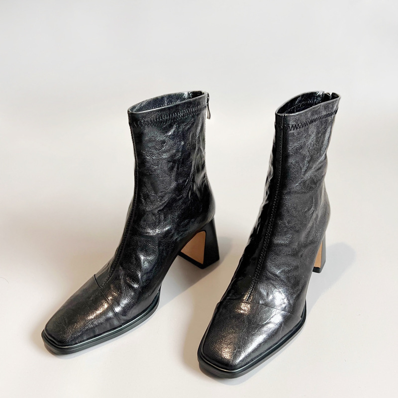 Botine pentru femei din piele naturală, vârf pătrat, toc gros 6–8 cm, fermoar pe spate