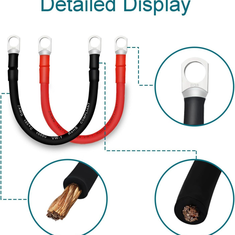 Baterijų kabelis 2 AWG su terminalais, variniai laidai, nuotėkio prevencijos jungtis, aukštas efektyvumas