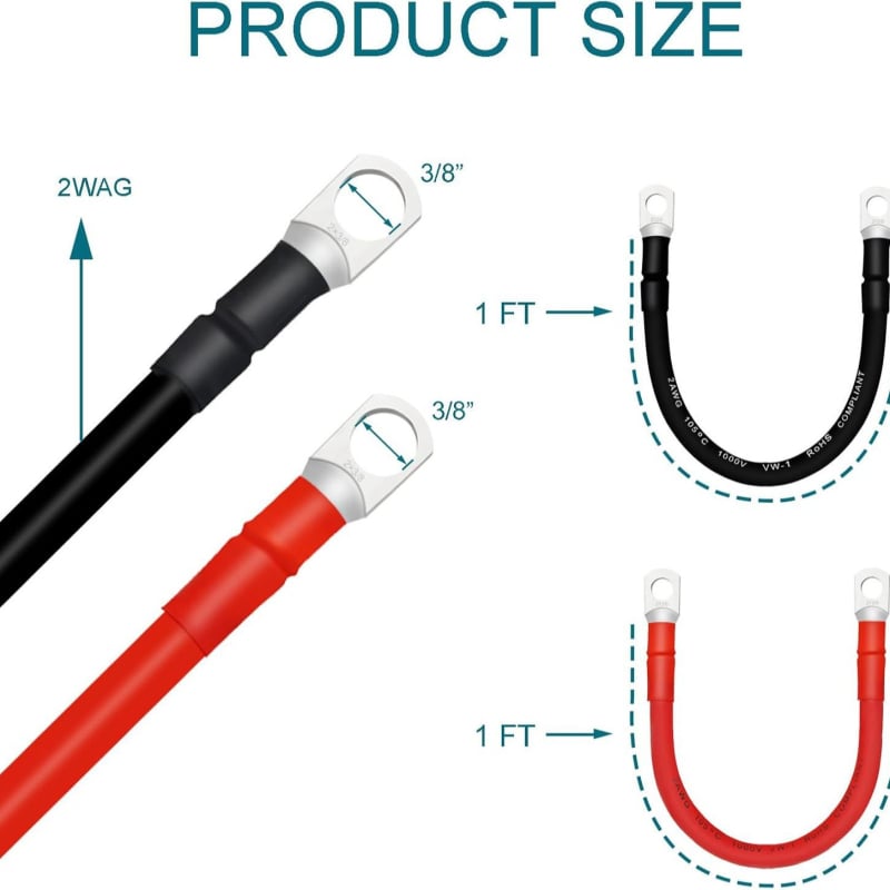Baterijų kabelis 2 AWG su terminalais, variniai laidai, nuotėkio prevencijos jungtis, aukštas efektyvumas