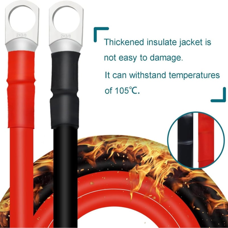 Baterijų kabelis 2 AWG su terminalais, variniai laidai, nuotėkio prevencijos jungtis, aukštas efektyvumas