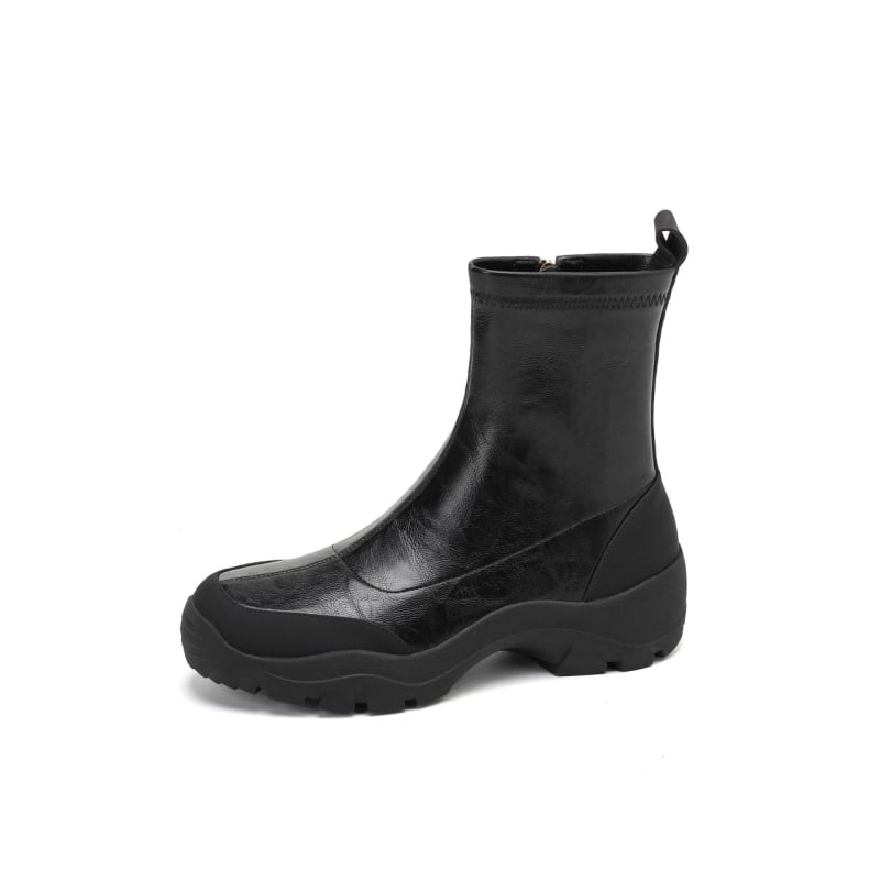 Magasságot növelő rövid csizmák, kerek orr, oldalsó cipzár, vastag talp, csúszásmentes