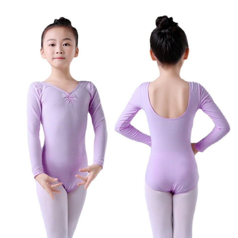 Балетно тренировъчно облекло за момичета: дълъг ръкав памучно боди с лого, модел едноцветен, 95% памук, за деца