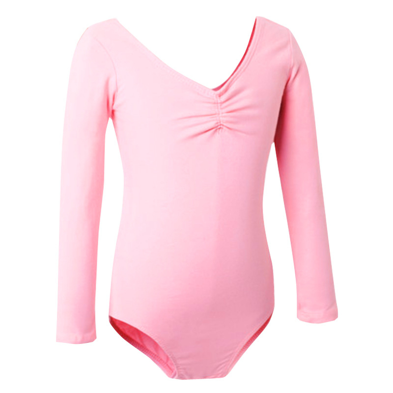 Балетно тренировъчно облекло за момичета: дълъг ръкав памучно боди с лого, модел едноцветен, 95% памук, за деца