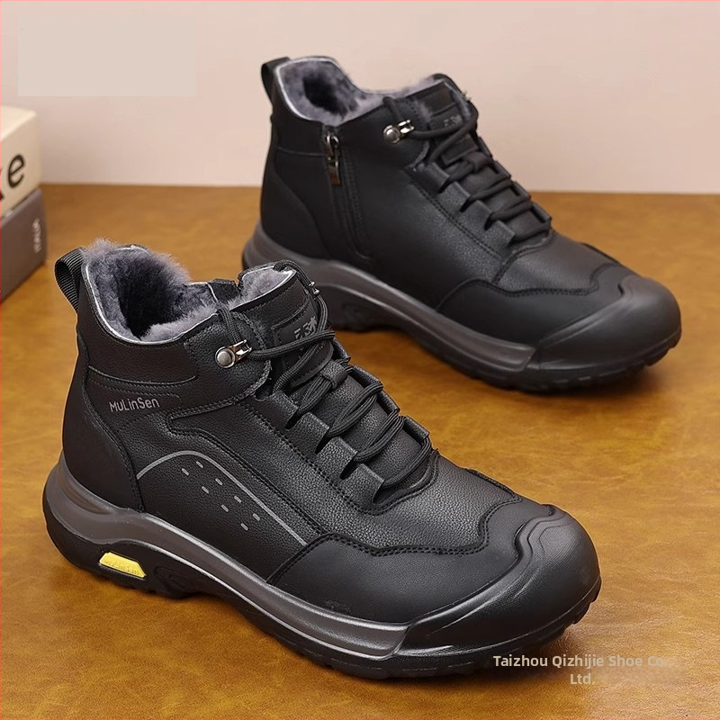 Pánske zimné vysoké topánky na sneh s kožušinovou podšívkou, dvojvrstvový vrchný materiál z kože, gumová podrážka, protišmyk, zima 2025